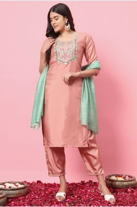Peach Embroidered Silk Salwar Kameez SK15816