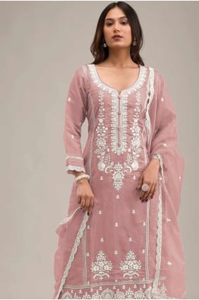 Peach Straight Pant Suit with Embroidered Cotton SK155274