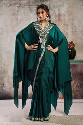 Satin Peacock green Saree in Hand SR29795