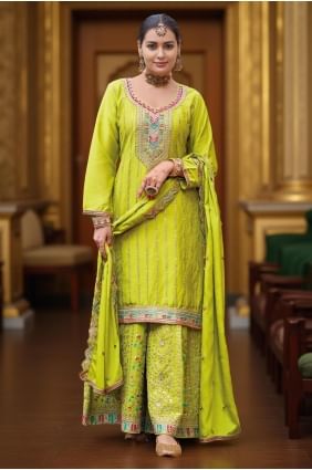 Chiffon Palazzo Suit with Weaving in Parrot Green PZ4200