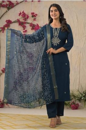 Petrol Lace border Straight Pant Suit in Rayon SK155587