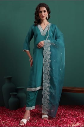 Pine green Straight Suit in Silk with Embroidered SK15730