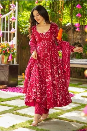Printed Rayon Pink Anarkali Suit with Dupatta AS4336