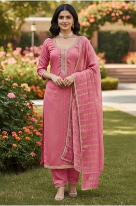 Chanderi Salwar Kameez in Pink with Embroidered SK15686