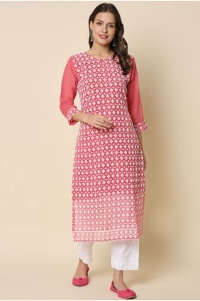 Georgette Kurti with Chikankari in Pink KTI2727