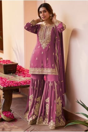Pink Sharara Suit in Chinon chiffon with Embroidered SS1364