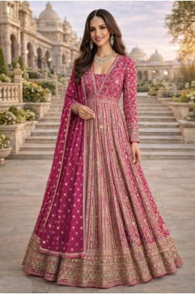 Embroidered Georgette Gown Dress in Pink with Dupatta GW1236