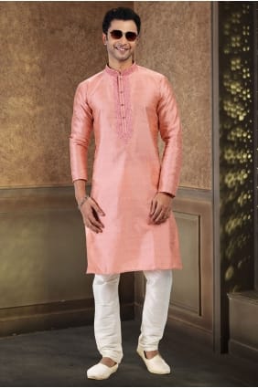 Embroidered Men Kurta in Pink Jacquard KURR611