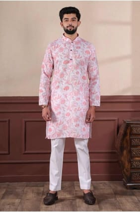 Pink Men Kurta with Digital print Linen KURR483