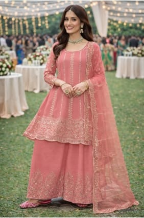 Embroidered Palazzo Suit in Pink Chinon chiffon PZ4402