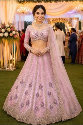 Embroidered Party Lehenga Choli in Pink Net LC9068