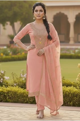 Pink Embroidered Salwar Kameez in Chanderi SK15689