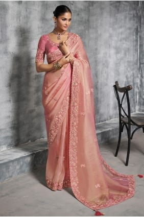 Tissue Pink Saree in Mirror SR29188