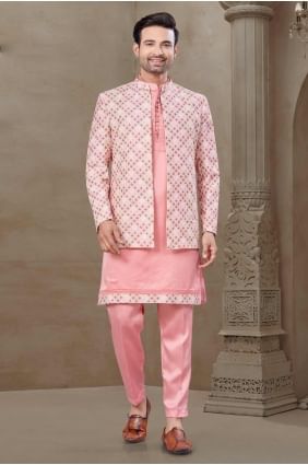 Pink Silk Printed Men Kurta Pajama With Waistcoat with Dupatta KURR515