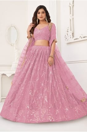 Net Lehenga Choli with Thread in Pink LC8920