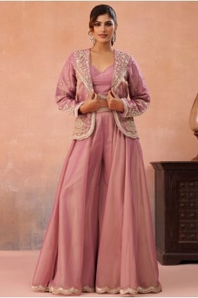 Embroidered Tissue Palazzo Suit in Pink PZ4502
