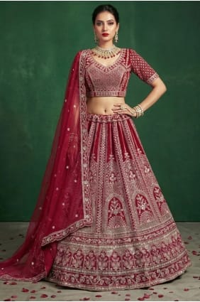 Satin Sequins Pinkish red Bridal Lehenga Choli with Dupatta LC8912