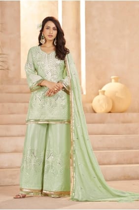 Pista green Embroidered Palazzo Suit in Chinon chiffon PZ4440