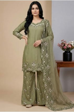 Pista green Palazzo Suit in Sequins Silk PZ4338