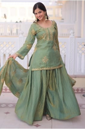 Sequins Silk Pista Palazzo Suit with Dupatta PZ4325
