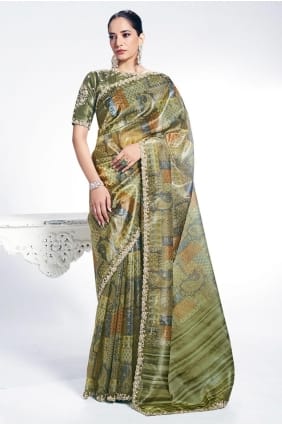 Silk Saree with Embroidered in Pista SR28950