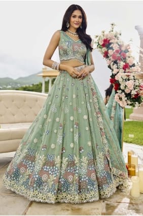 Embroidered Satin Lehenga Choli in Pista with Dupatta LC8750