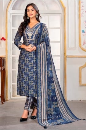 Navy blue Printed Chanderi Salwar Kameez SK156137