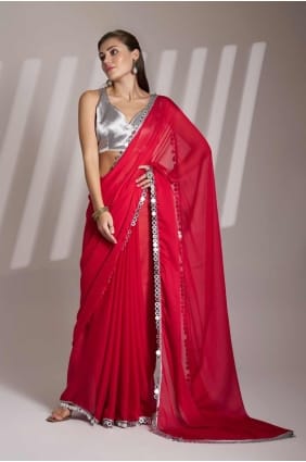 Saree in Red Satin with Printed SR28126