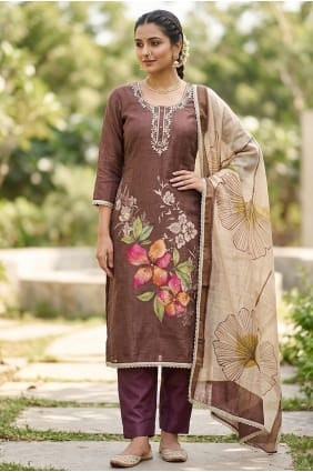 Salwar Kameez in Brown Cotton with Printed SK159076