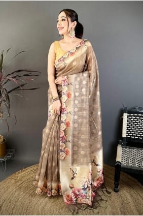 Brown Saree with Printed Cotton SR30060