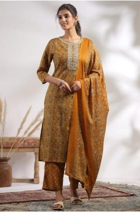 Mustard Cotton Printed Salwar Kameez with Dupatta SK156048