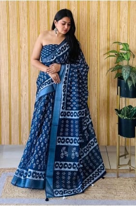 Printed Cotton Saree in Blue SR28103