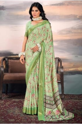 Printed Cotton Saree in Green SR28212