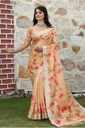 Cotton Peach Saree in Printed SR29051