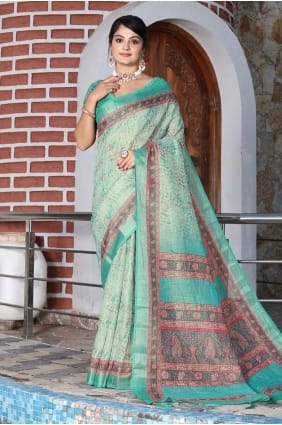 Sea green Saree in Cotton with Printed SR29075