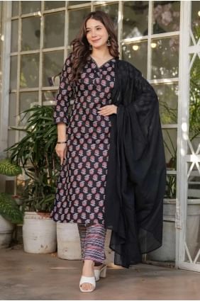 Printed Cotton Straight Pant Suit in Black SK155252