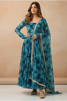 Blue Printed Gown Dress in Georgette GW1211