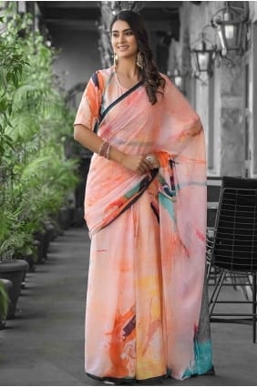 Peach Gown Dress in Printed Georgette GW1273