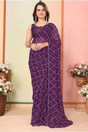 Printed Georgette Purple Saree with Blouse SR28487