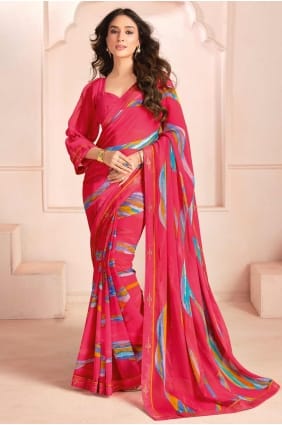 Printed Georgette Saree in Pink with Blouse SR28404
