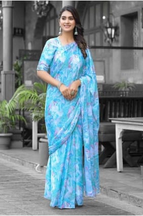 Printed Georgette Saree in Sea green SR28324