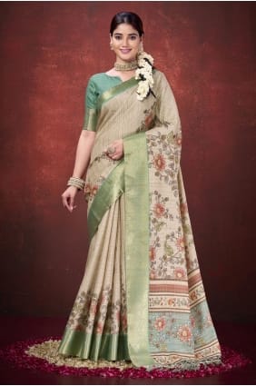 Jacquard silk Cream Saree in Printed SR29013