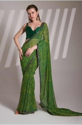 Printed lace Georgette Saree in Green with Blouse SR28155