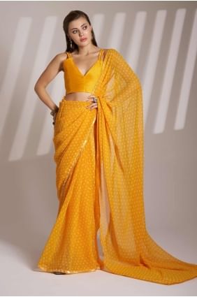 Printed lace Linen Mustard Saree with Blouse SR28159
