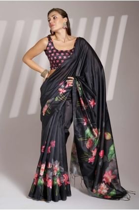 Printed lace Linen Saree in Black SR28160