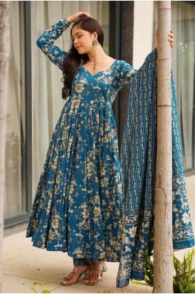 Printed Muslin Anarkali Suit in Blue with Dupatta AS4311