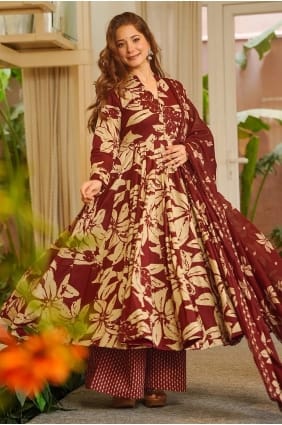 Burgundy Palazzo Suit in Muslin with Printed PZ4453
