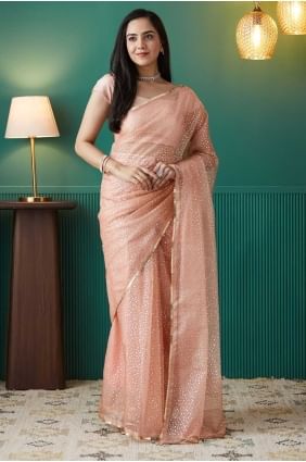 Luxury Printed Organza Peach Saree with Blouse SR28720