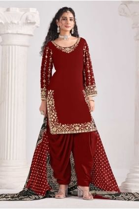Silk Patiala Suit in Maroon with Printed PS2442