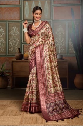 Beige Saree in Silk with Printed SR30023